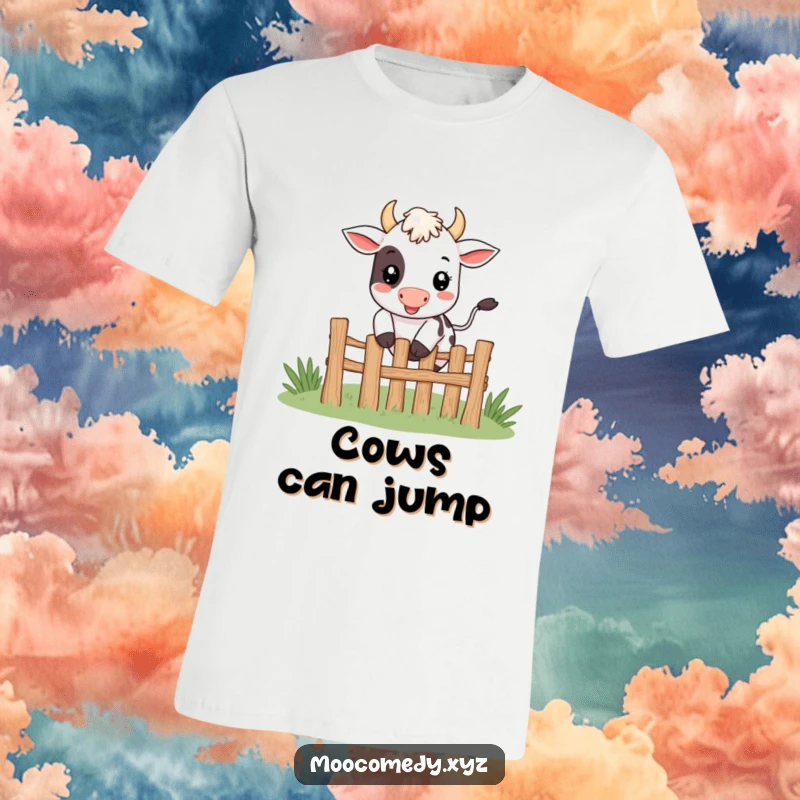 Funny cute smiling cow character happily jumping over a tiny fence on a t-shirt.