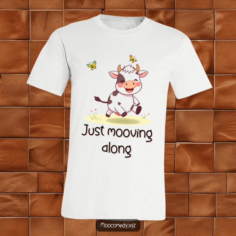 Funny t-shirt with a happy cow character delightedly pursuing a butterfly, showcasing a moment of pure, whimsical fun.