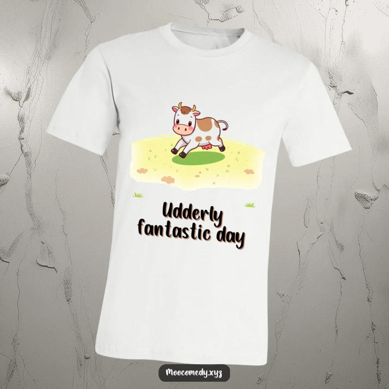 Funny cheerful cow character skipping across a green pasture on a t-shirt, full of life.