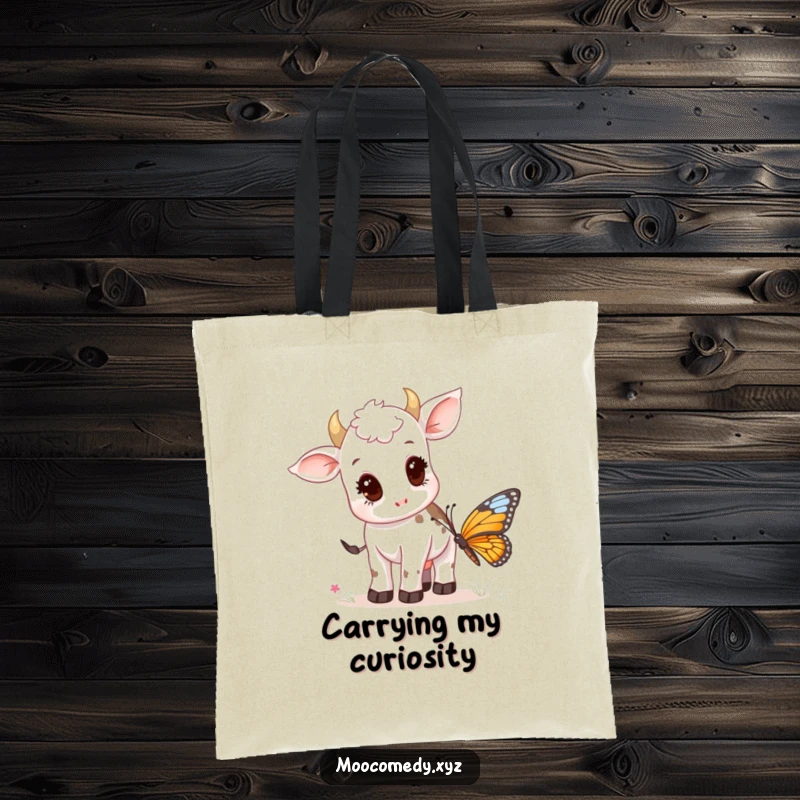Funny tote bag illustrated with a curious cow calf reaching out to a delicate butterfly.