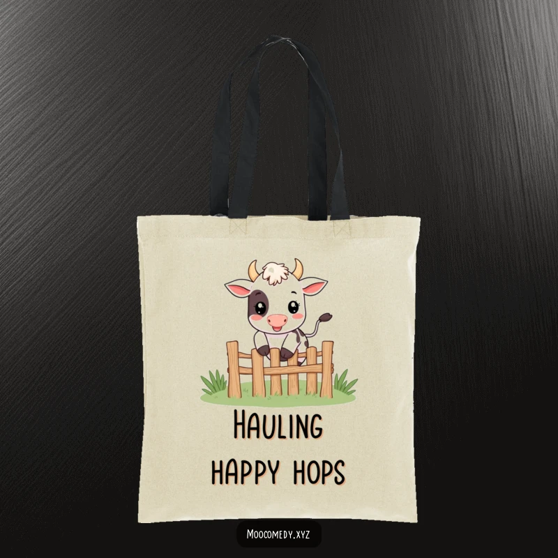 Funny cute smiling cow character happily jumping over a tiny fence on a tote bag.
