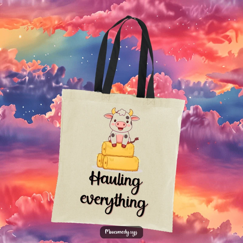 Funny tote bag illustrating a happy cow character teetering while balancing a high stack of hay bales.